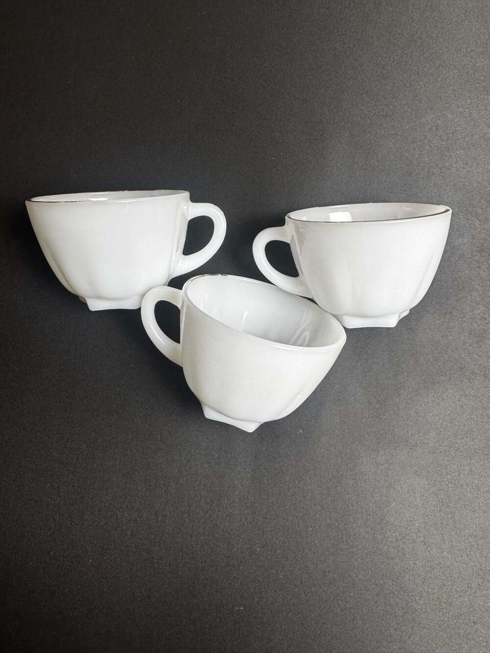 Vintage Fire King White Swirl Milk Glass Coffee Cups with Gold Trim Set of 3